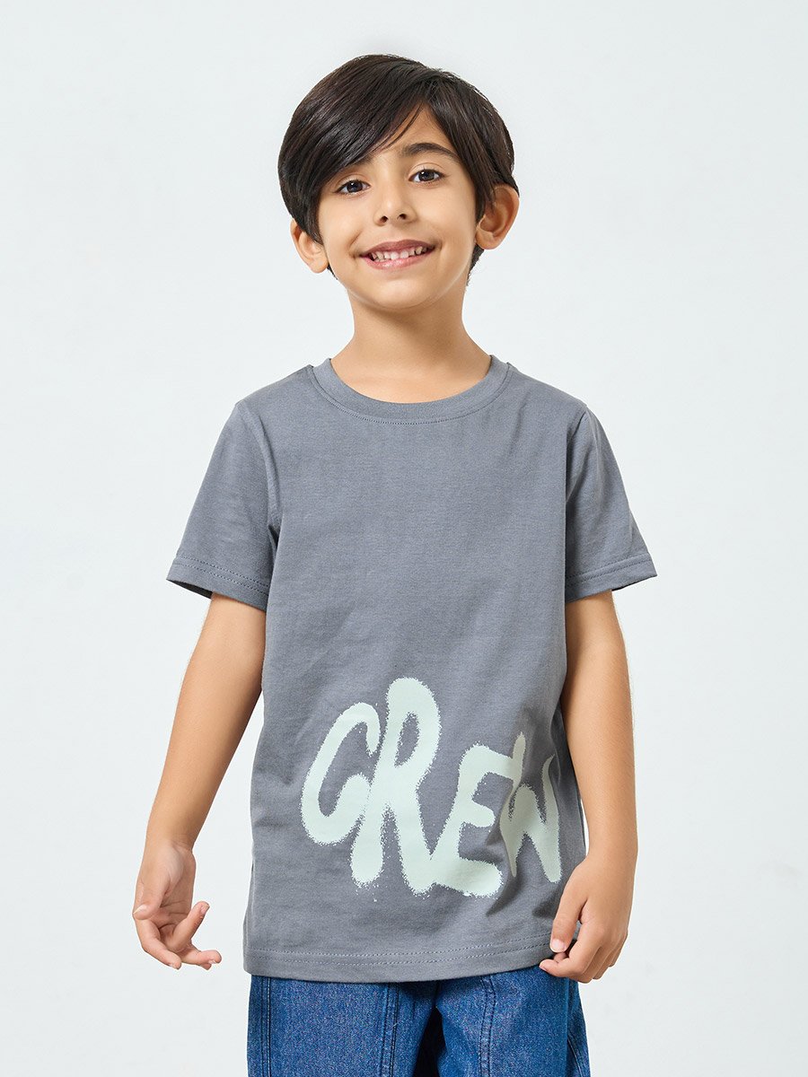 Boys Grey Cotton Printed T-Shirt