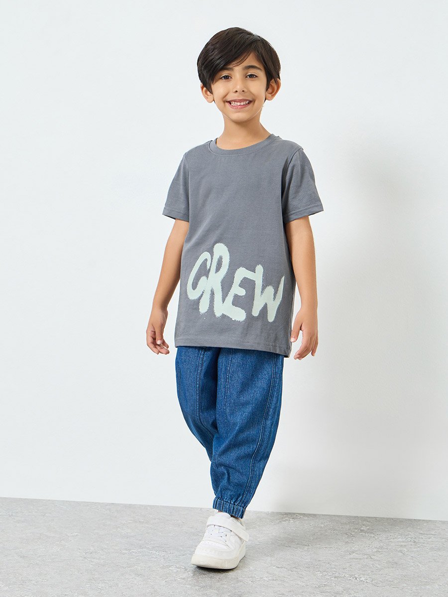 Boys Grey Cotton Printed T-Shirt