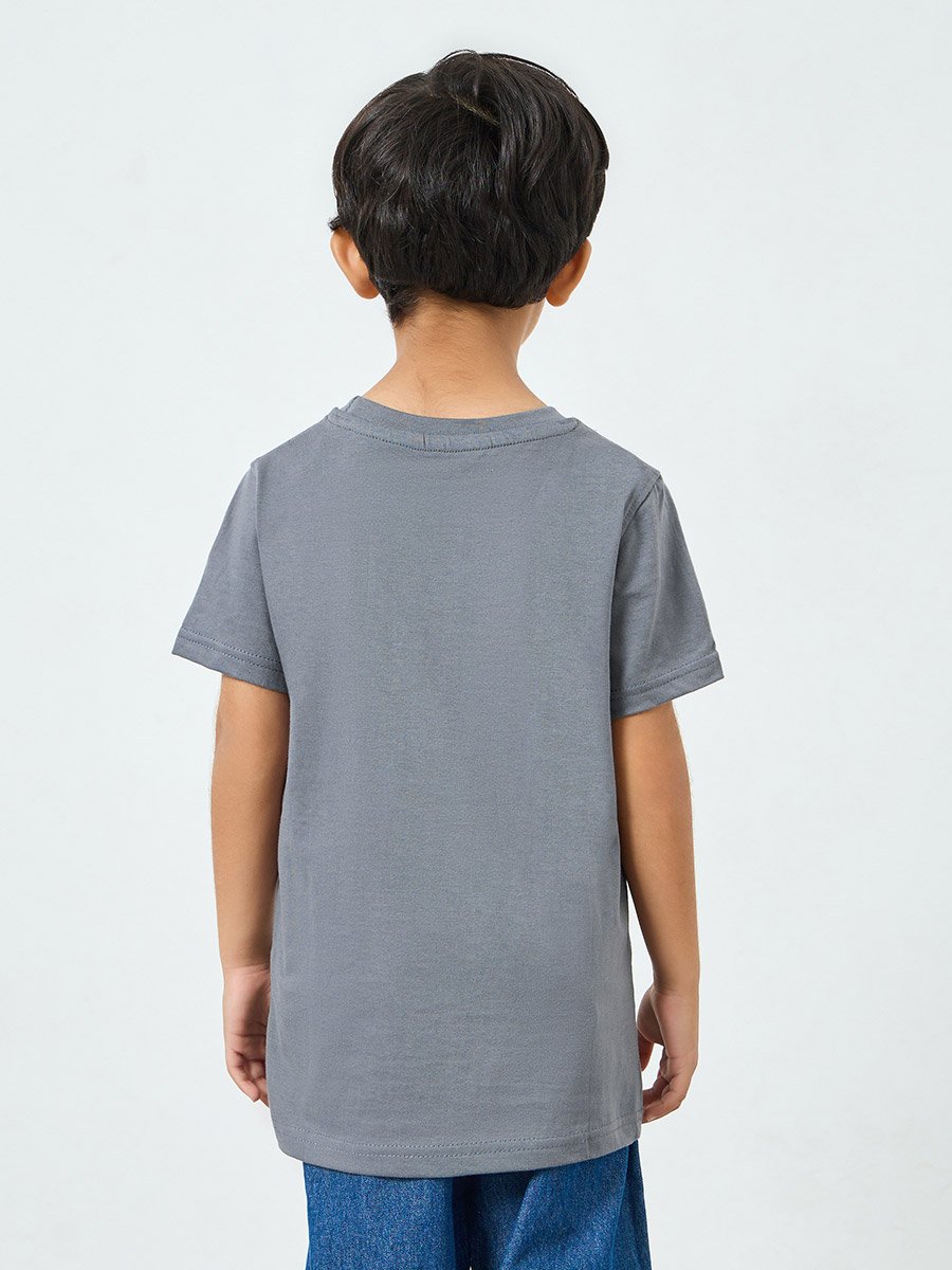 Boys Grey Cotton Printed T-Shirt
