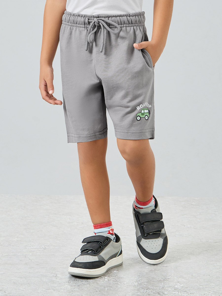 Boy Grey Cotton Knit Shorts with Fun Print