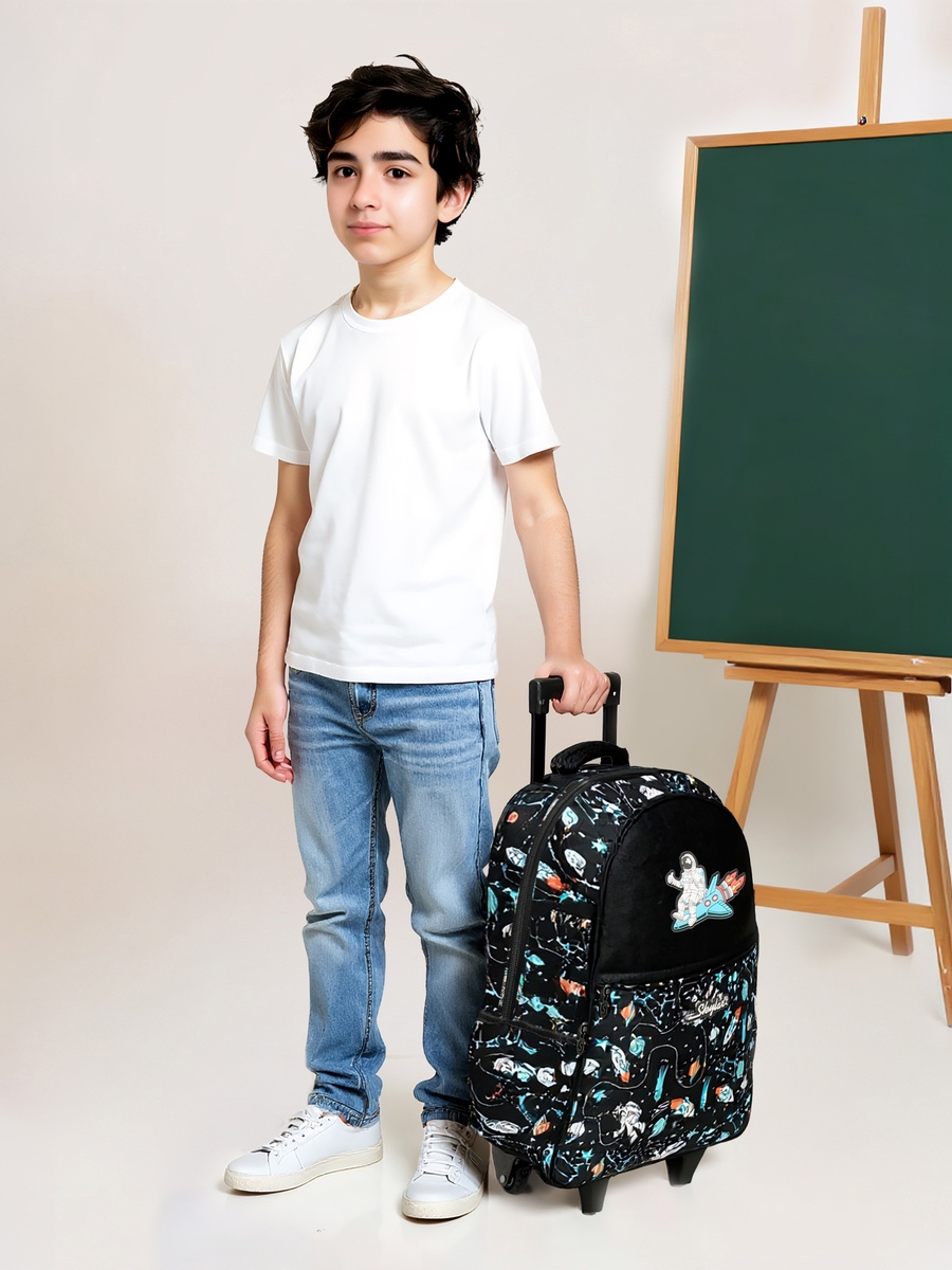 Astronaut Glow-in-the-Dark Print Trolley Backpack with Retractable Handle - 27x14x21 cm