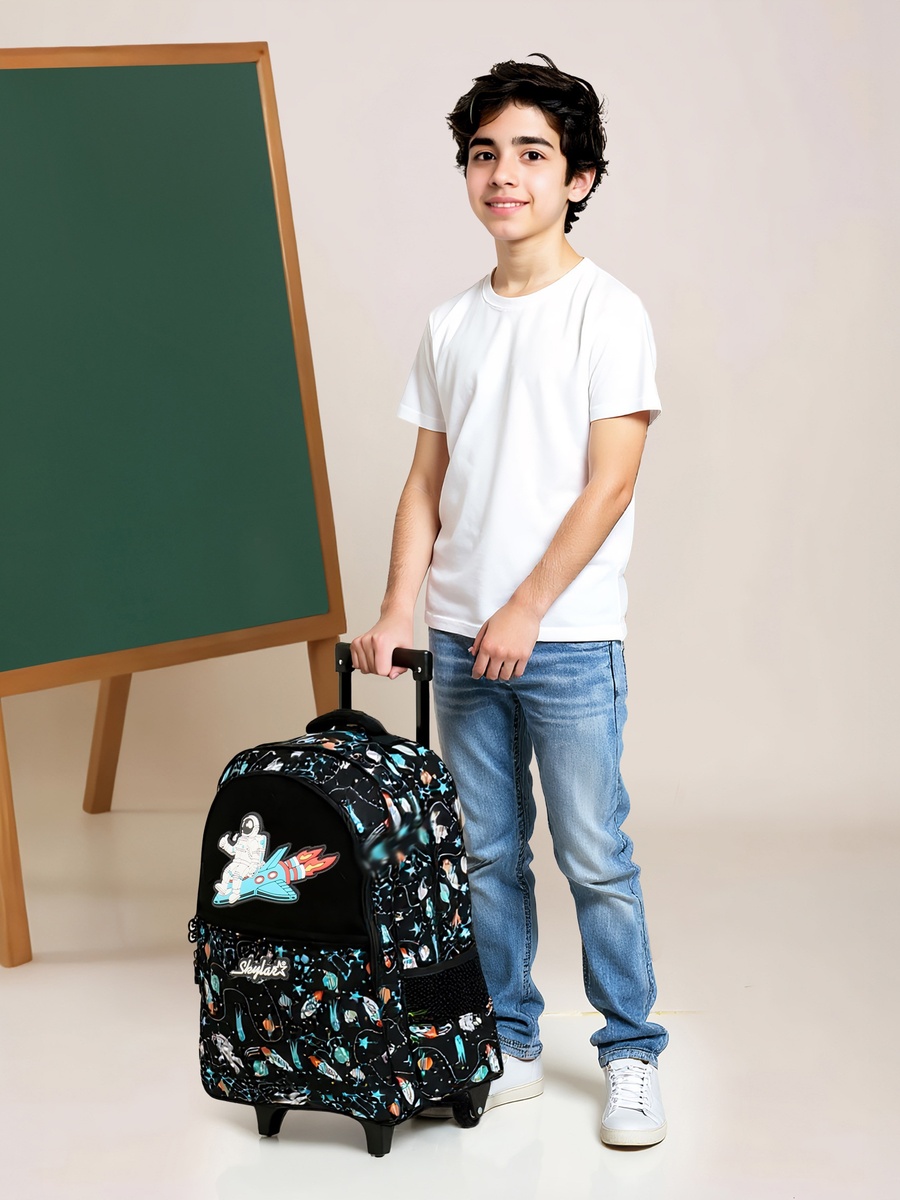 Astronaut Glow-in-the-Dark Print Trolley Backpack with Retractable Handle - 27x14x21 cm