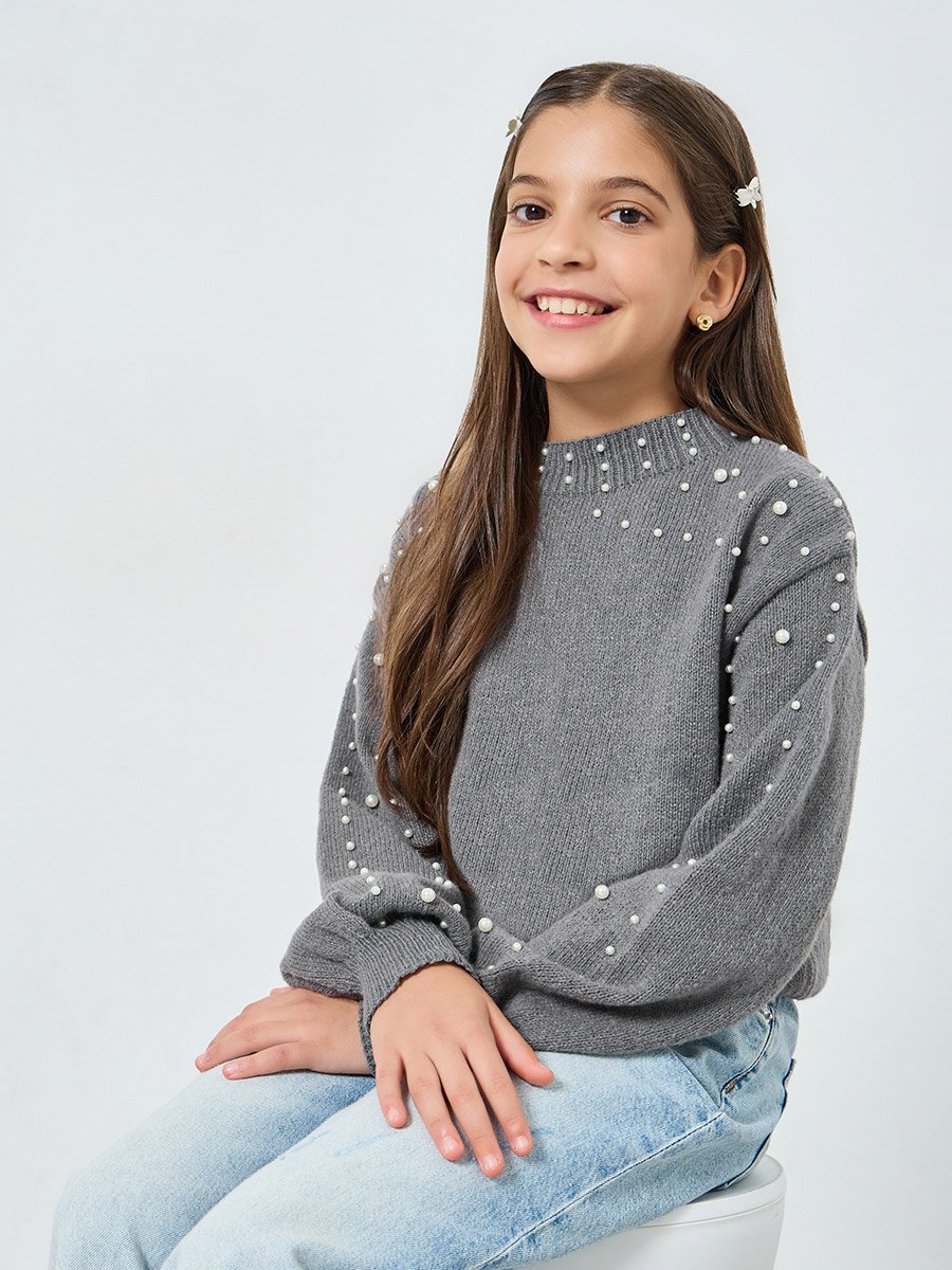 Teens Grey Pearl Embellished Knit Sweater