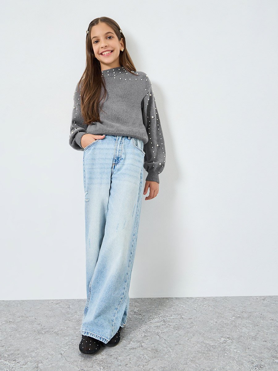 Teens Grey Pearl Embellished Knit Sweater