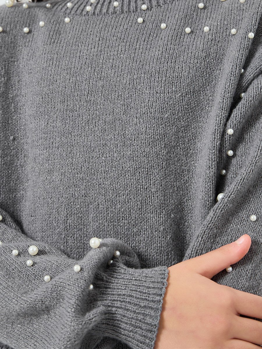 Teens Grey Pearl Embellished Knit Sweater