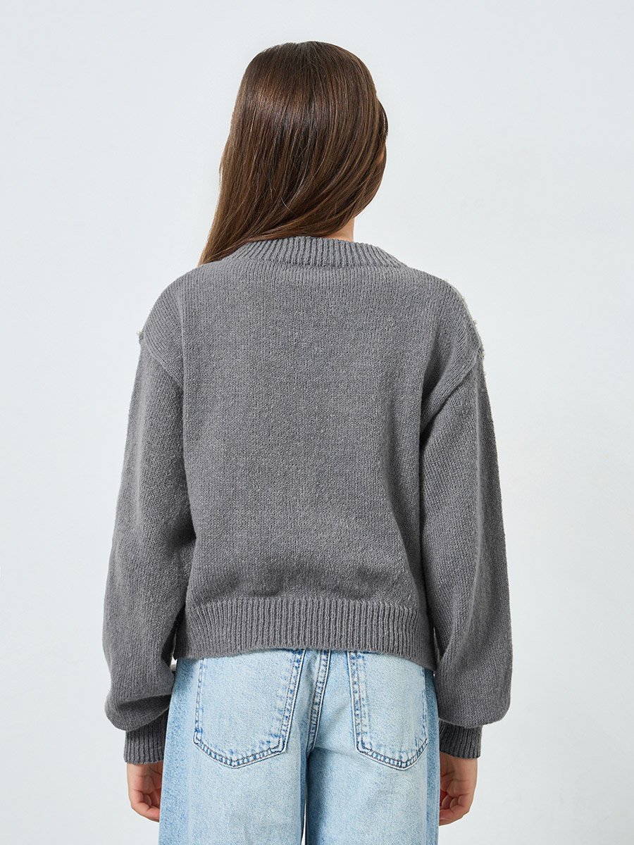 Teens Grey Pearl Embellished Knit Sweater