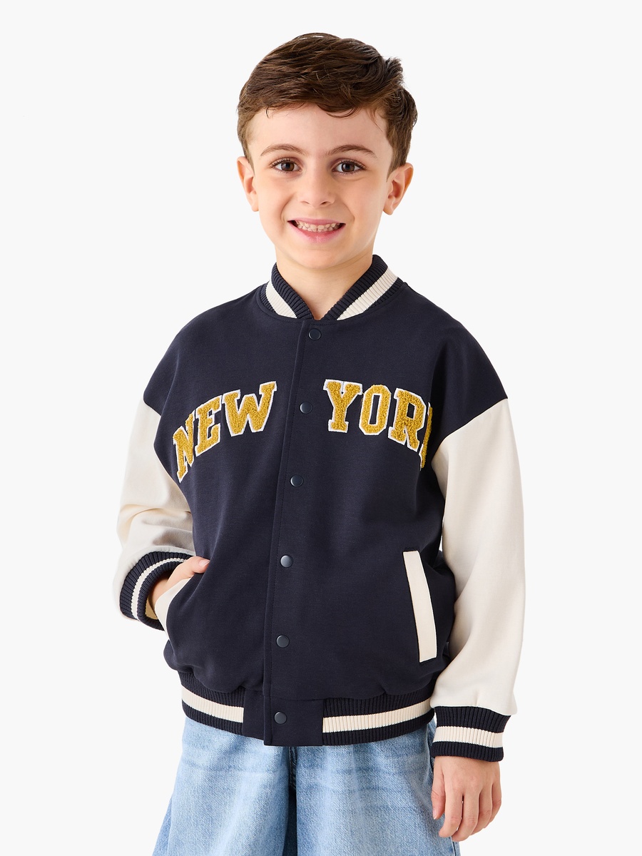 Text Applique Button Through Bomber Jacket with Long Sleeves