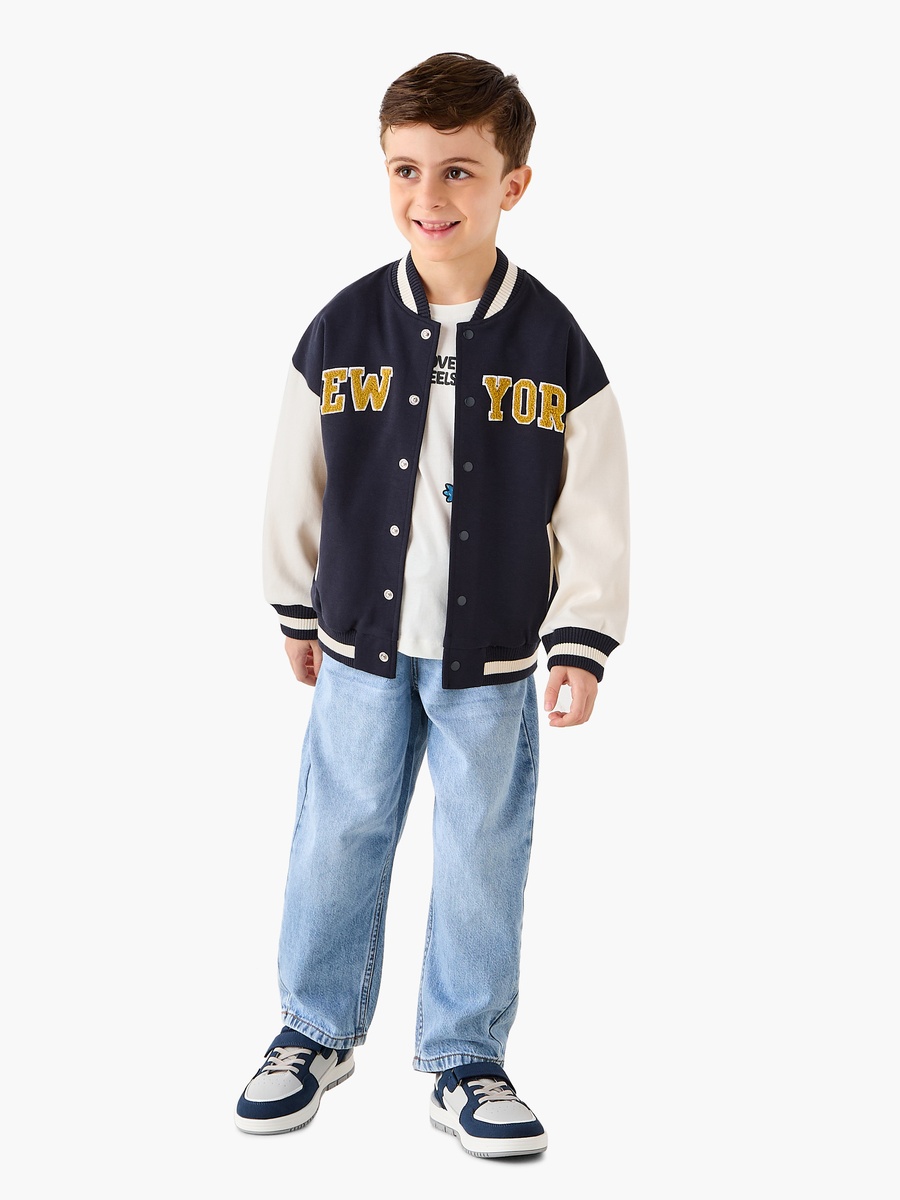 Text Applique Button Through Bomber Jacket with Long Sleeves