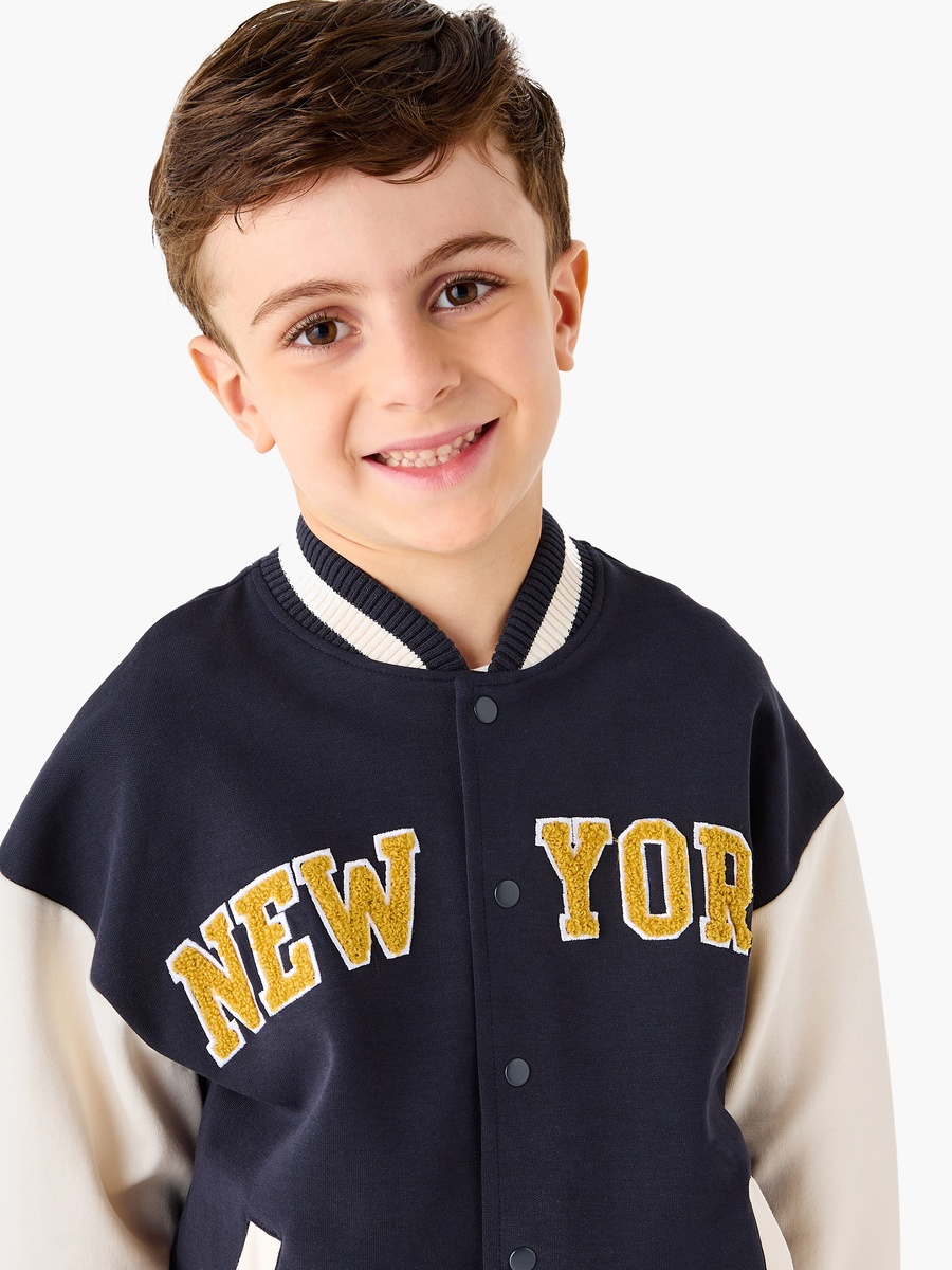 Text Applique Button Through Bomber Jacket with Long Sleeves