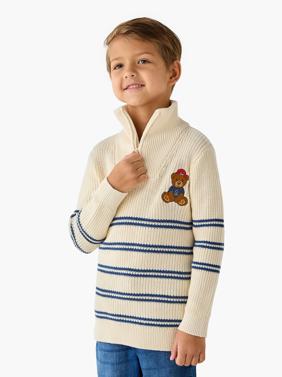 Bear Applique Striped Sweater with Stand Collar and Zip Closure