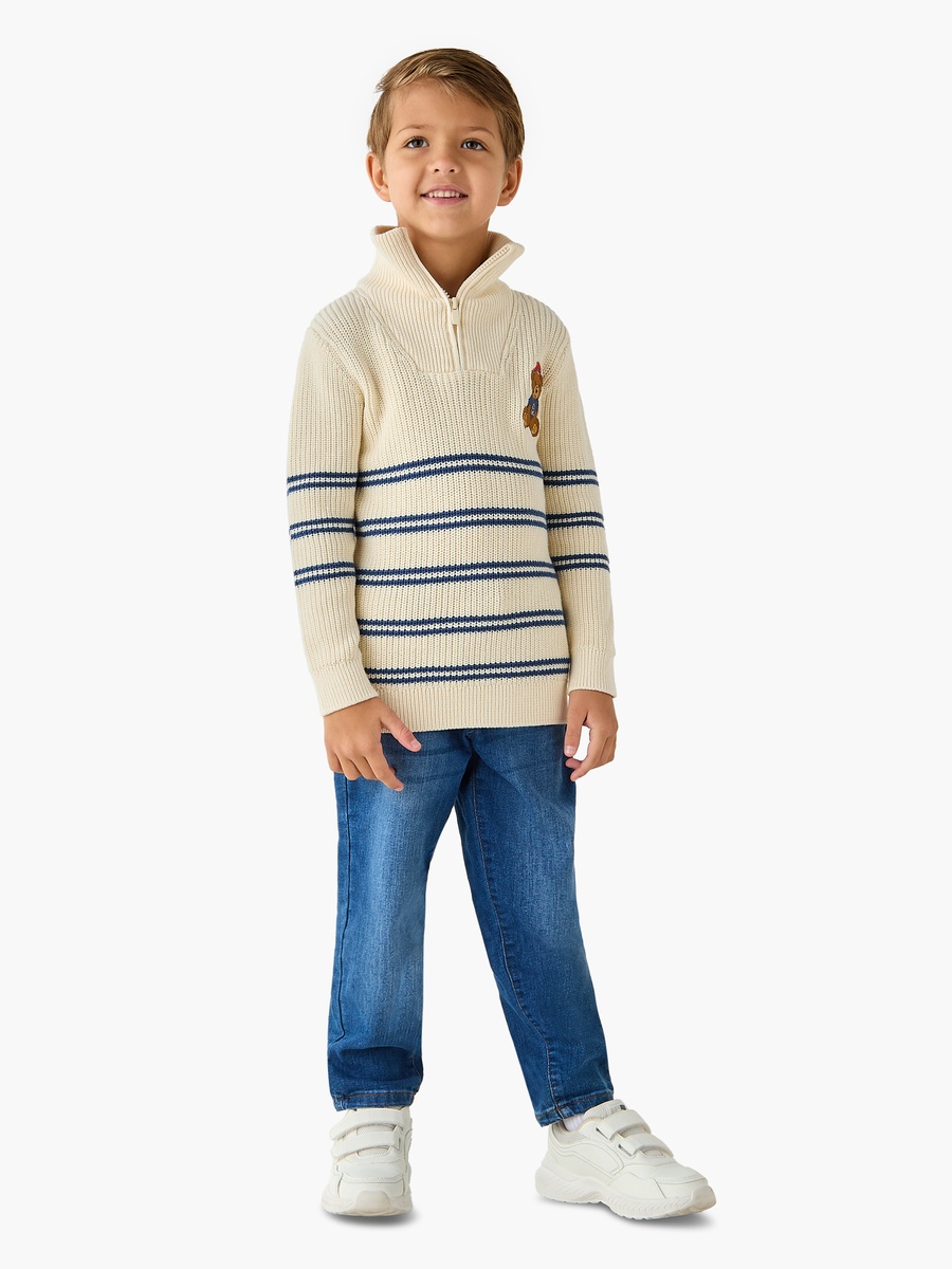 Bear Applique Striped Sweater with Stand Collar and Zip Closure