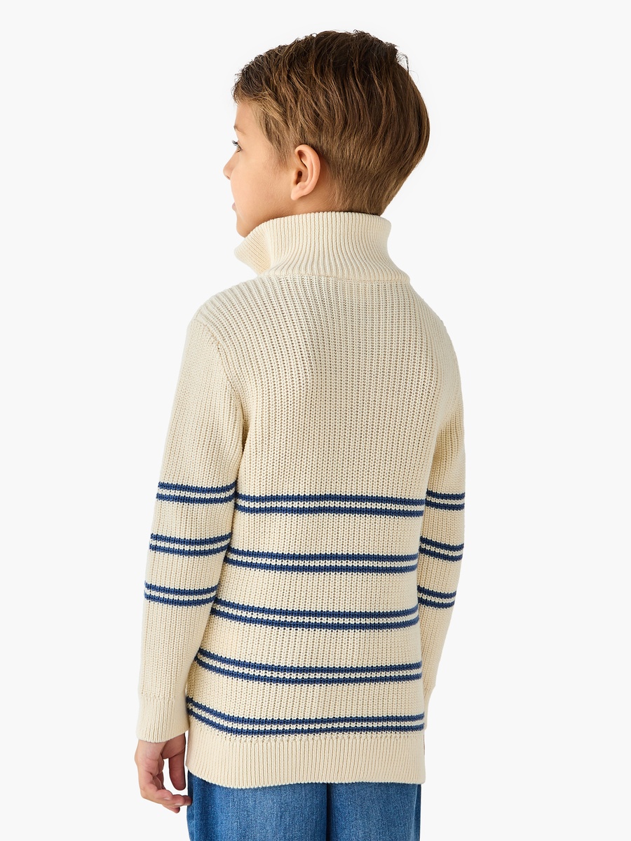 Bear Applique Striped Sweater with Stand Collar and Zip Closure