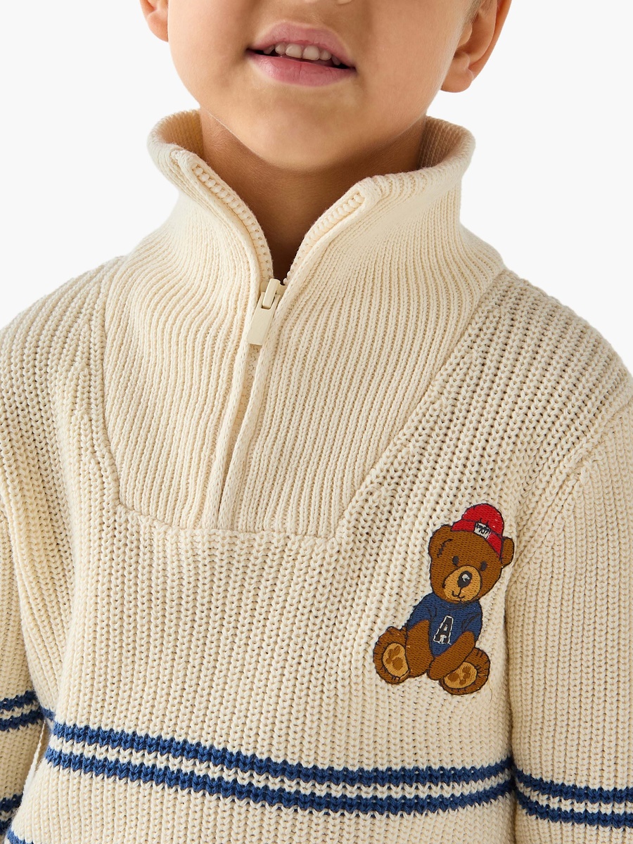 Bear Applique Striped Sweater with Stand Collar and Zip Closure