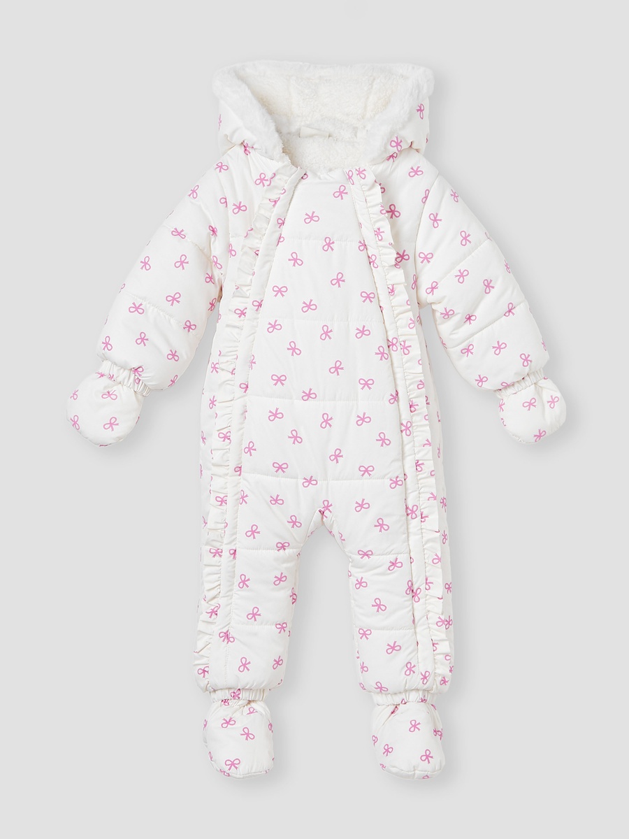 Bow Print Coverall with Hood and Ruffles