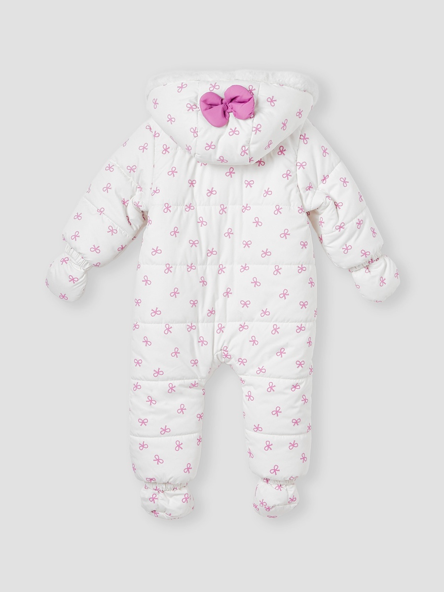 Bow Print Coverall with Hood and Ruffles