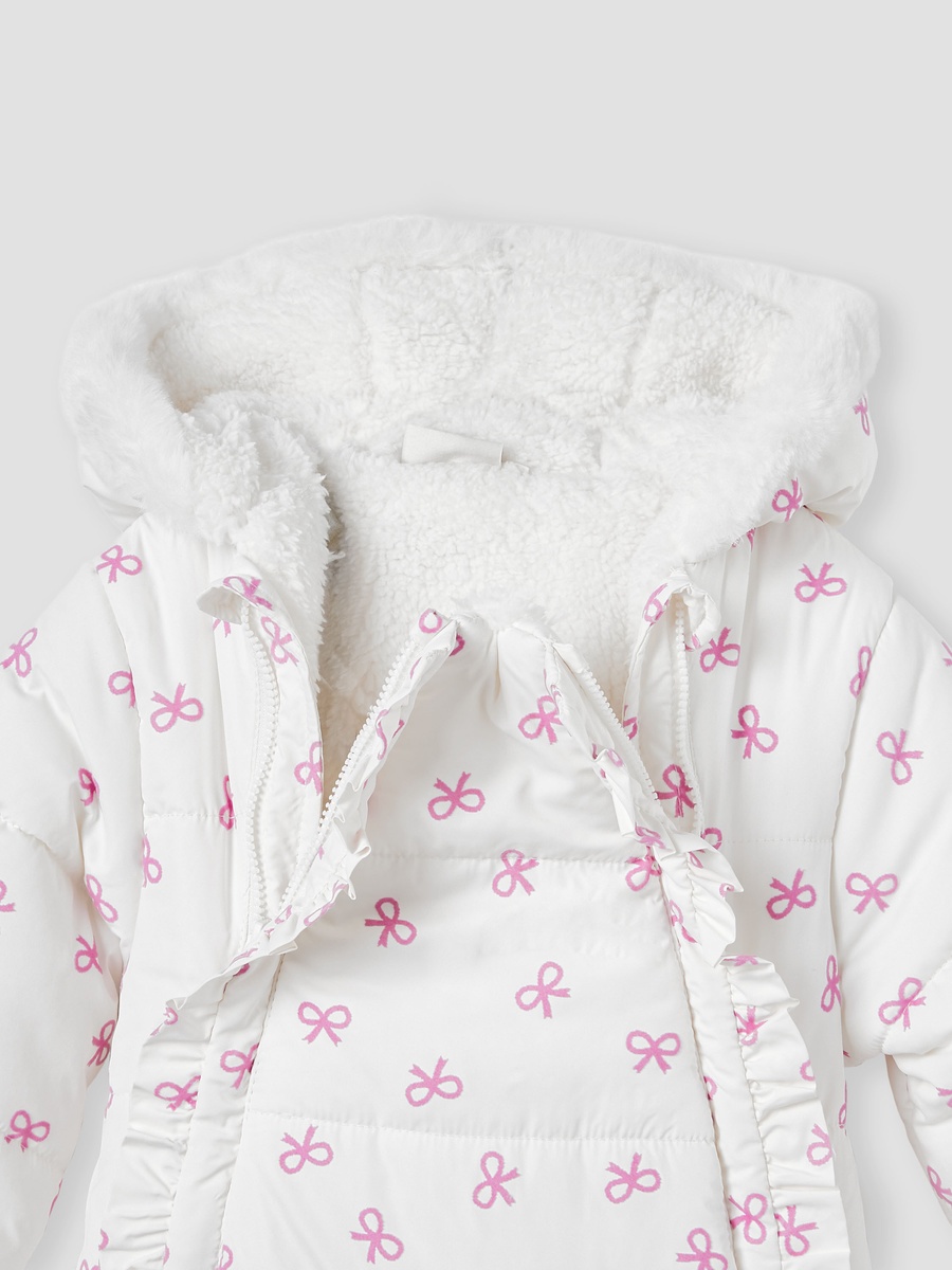 Bow Print Coverall with Hood and Ruffles