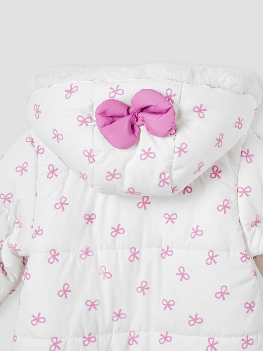 Bow Print Coverall with Hood and Ruffles
