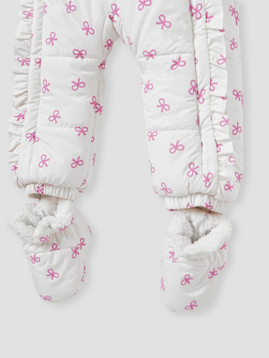 Bow Print Coverall with Hood and Ruffles