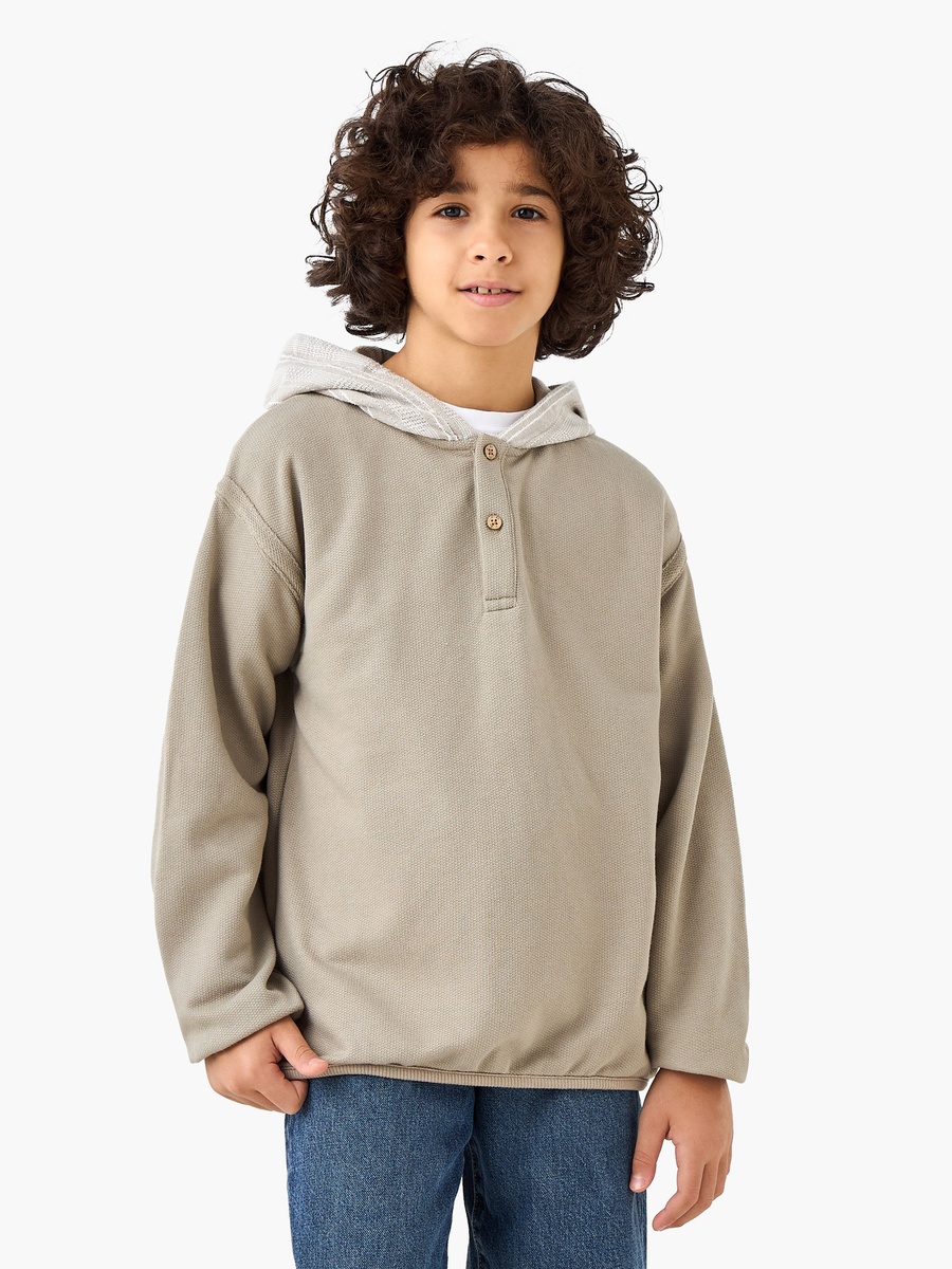 Solid Hooded Pullover with Button Detail