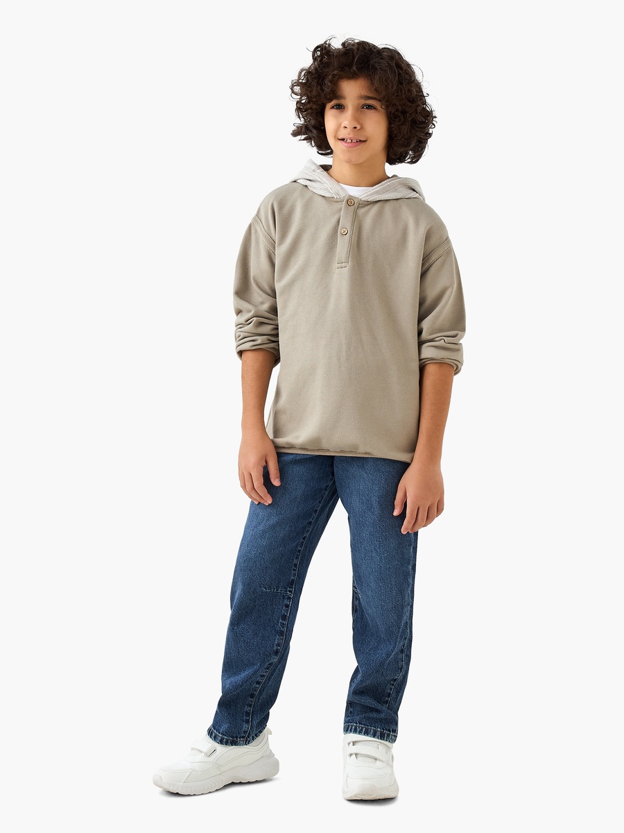 Solid Hooded Pullover with Button Detail