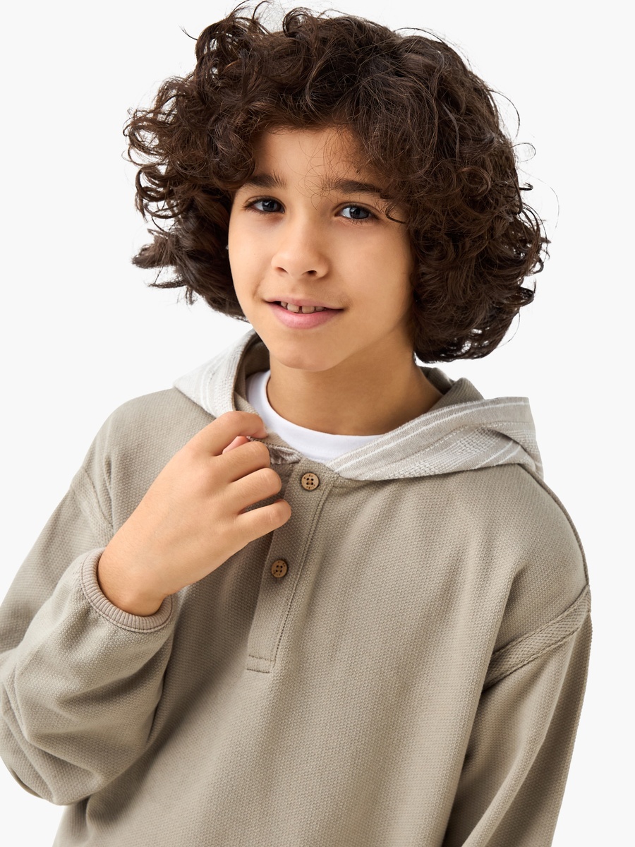 Solid Hooded Pullover with Button Detail