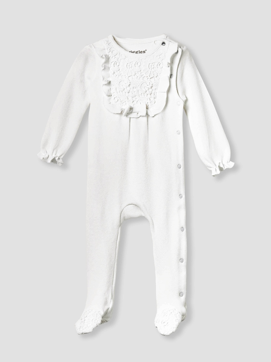 Lace Accent Closed Feet Sleepsuit with Long Sleeves