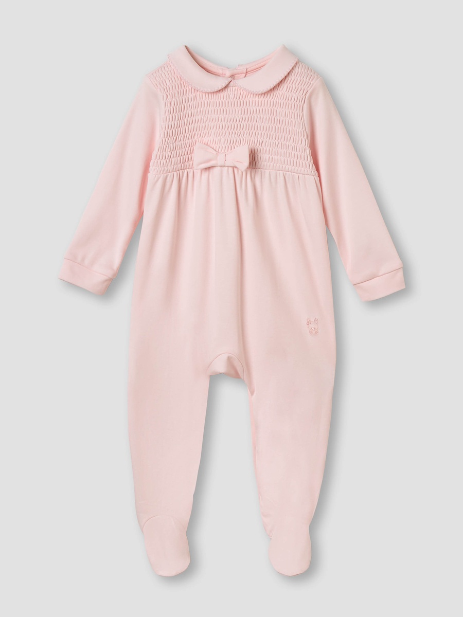 Smocked and Bow Accent Collared Sleepsuit