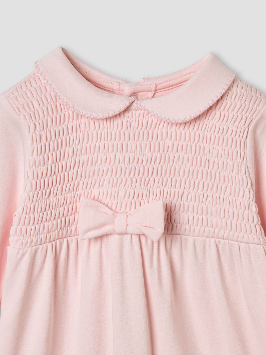 Smocked and Bow Accent Collared Sleepsuit