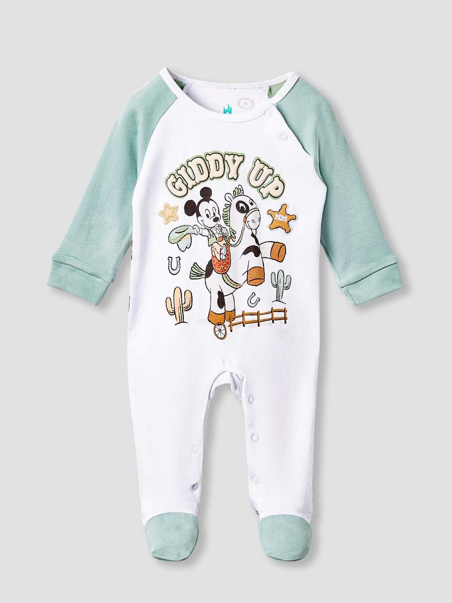 Mickey Mouse Print Sleepsuit with Long Sleeves and Button Closure