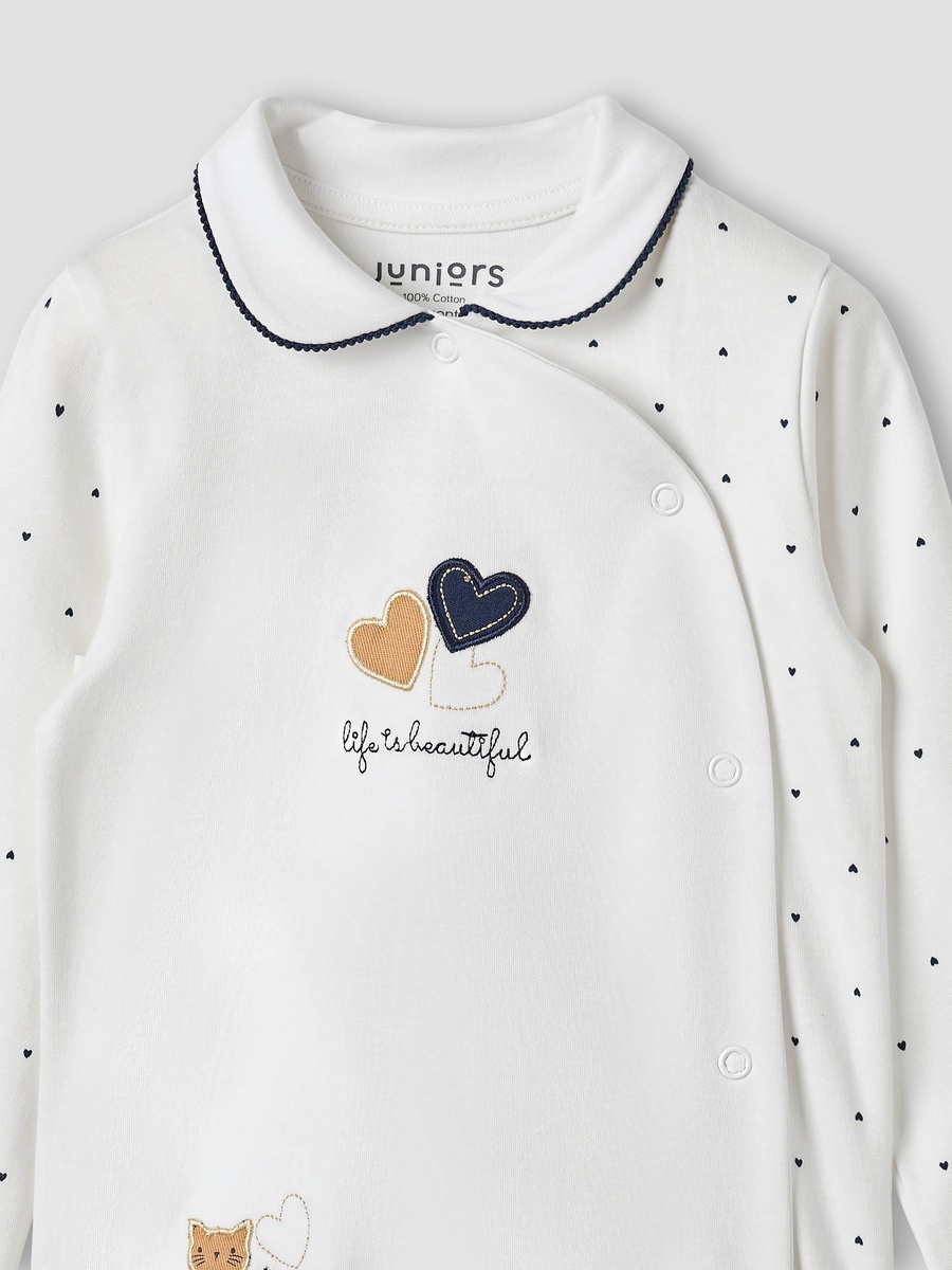 Heart Print Sleepsuit with Long Sleeves and Button Closure