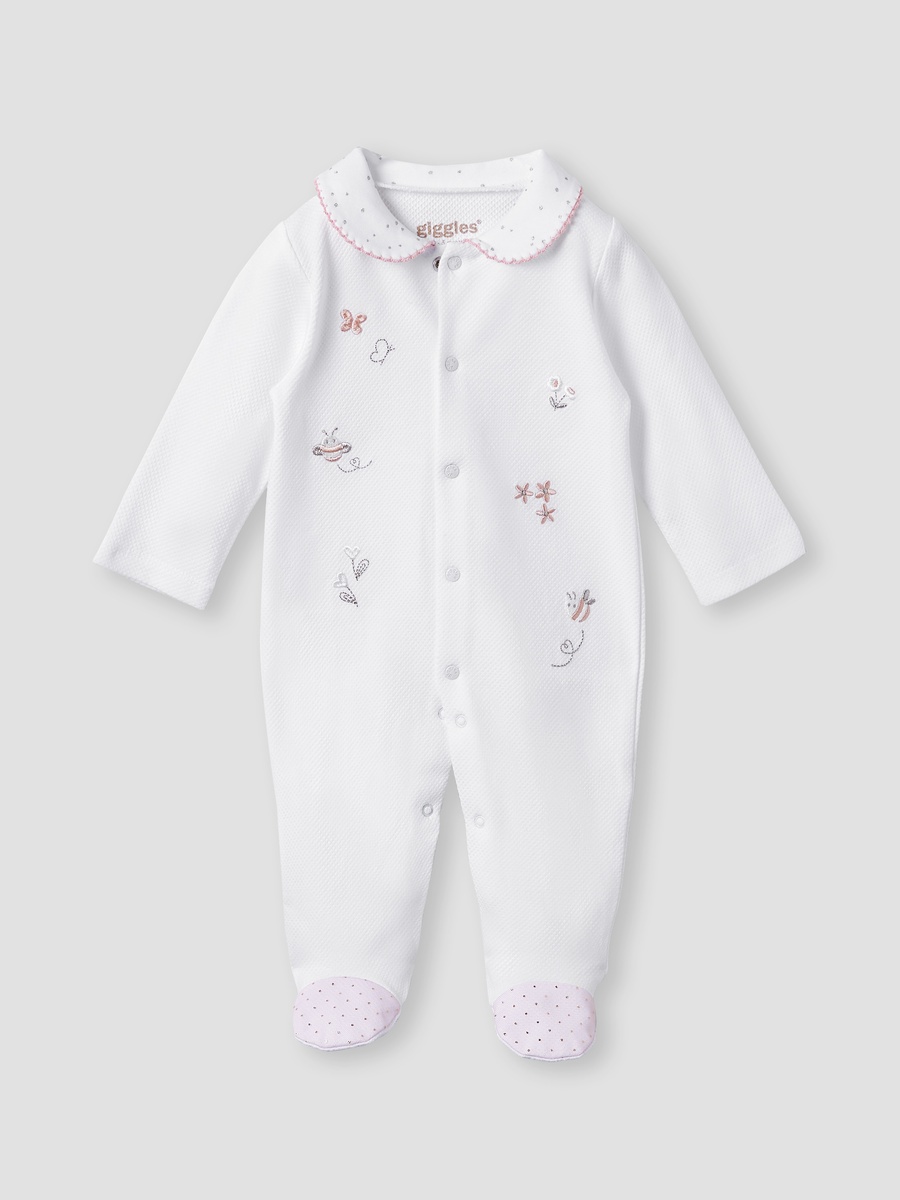 Embroidered Sleepsuit with Long Sleeves and Button Closure