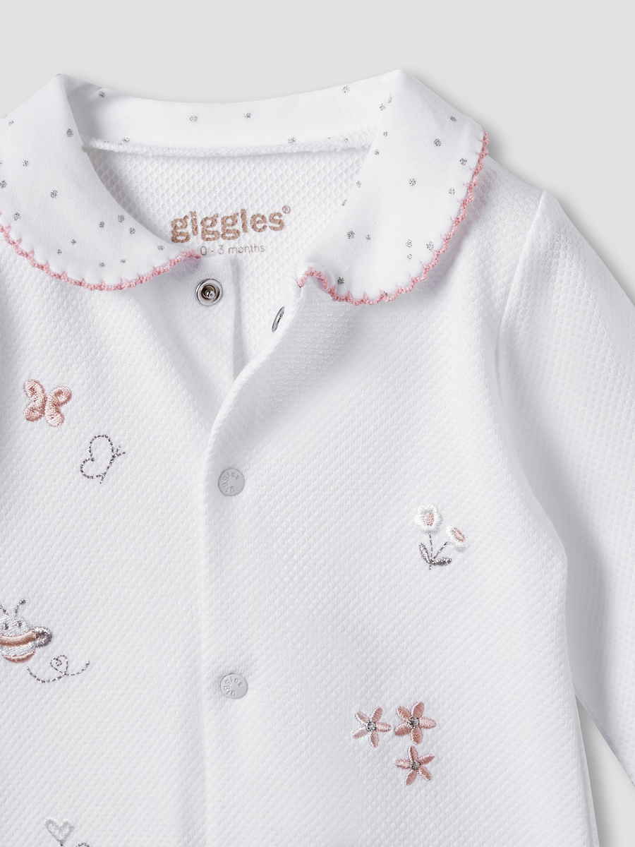 Embroidered Sleepsuit with Long Sleeves and Button Closure
