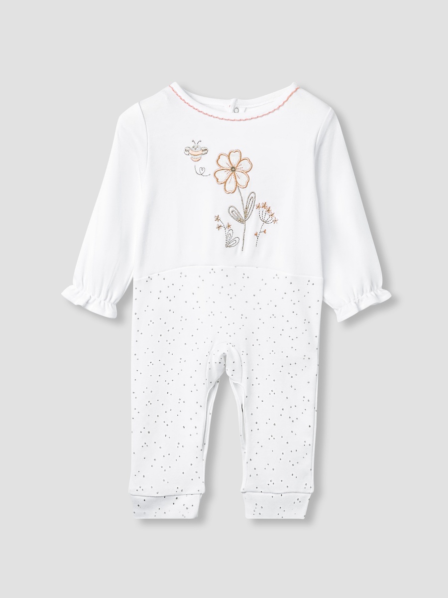 Embroidered Sleepsuit with Long Sleeves and Button Closure