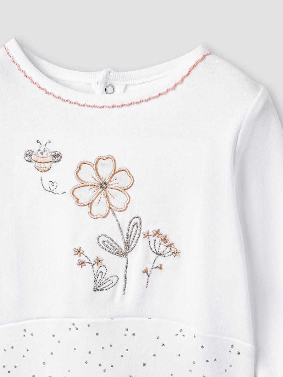 Embroidered Sleepsuit with Long Sleeves and Button Closure