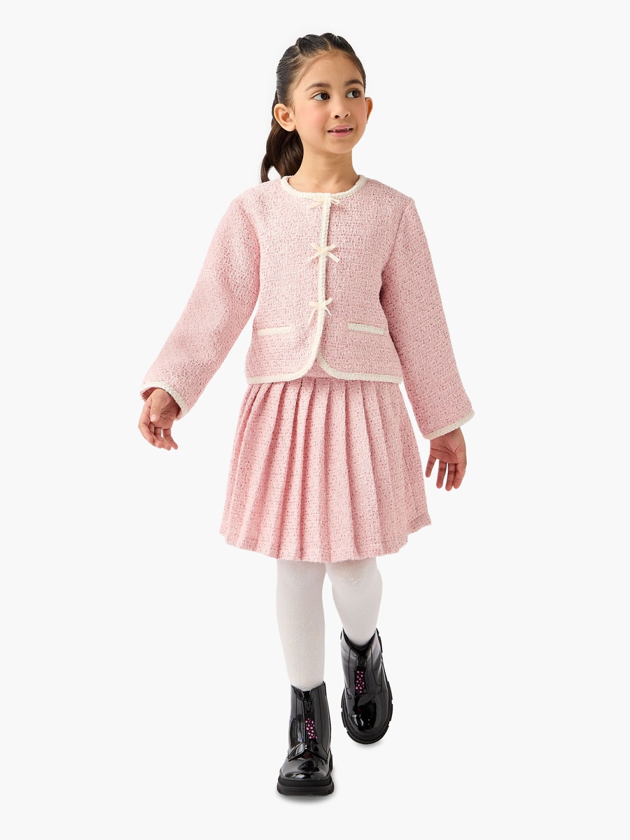 Bow Accent Jacket with Pleated Skirt and Tights