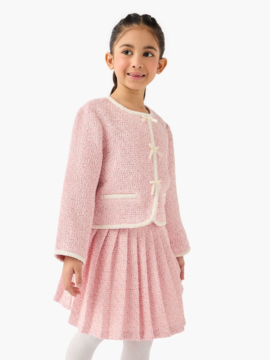 Bow Accent Jacket with Pleated Skirt and Tights