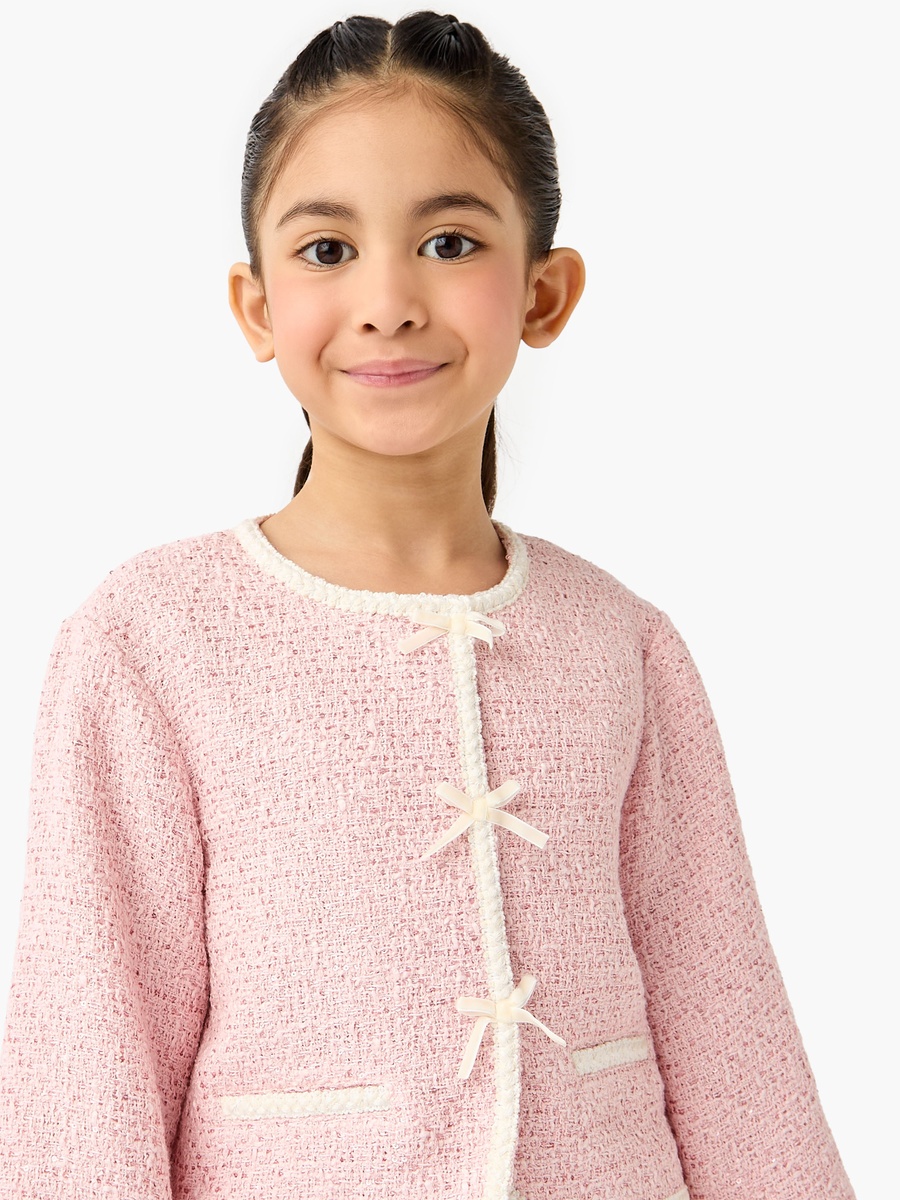 Bow Accent Jacket with Pleated Skirt and Tights