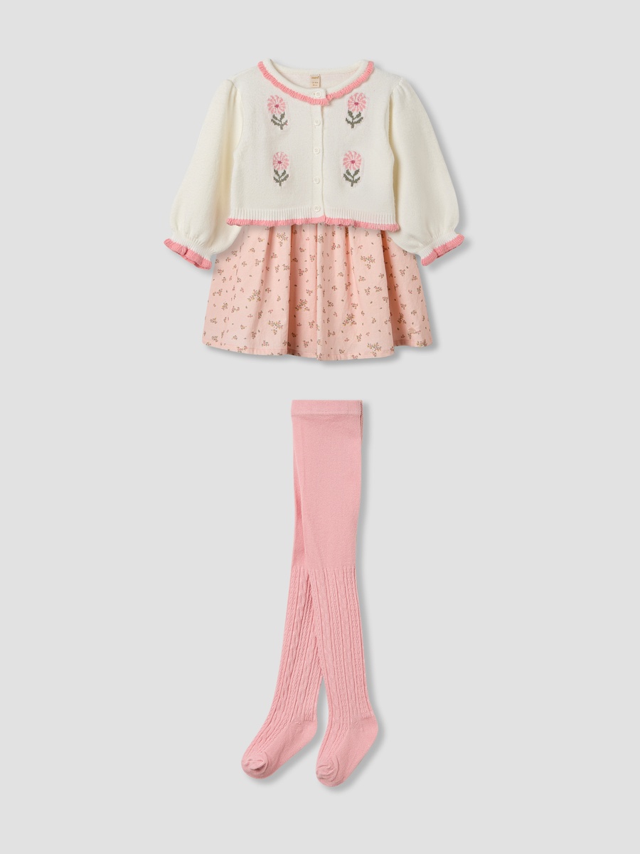 Floral Print Dress with Cardigan and Tights