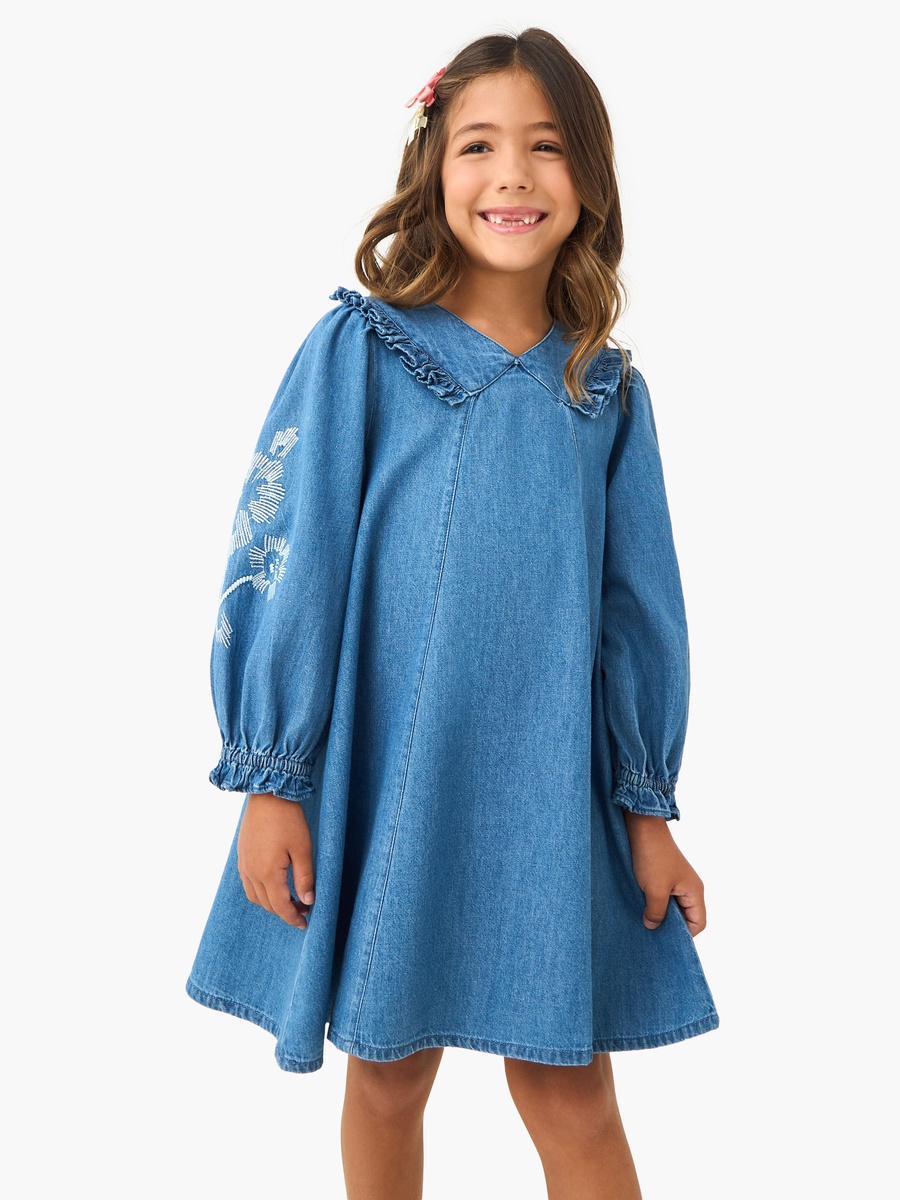 Embroidered Frill Denim Dress with Collar