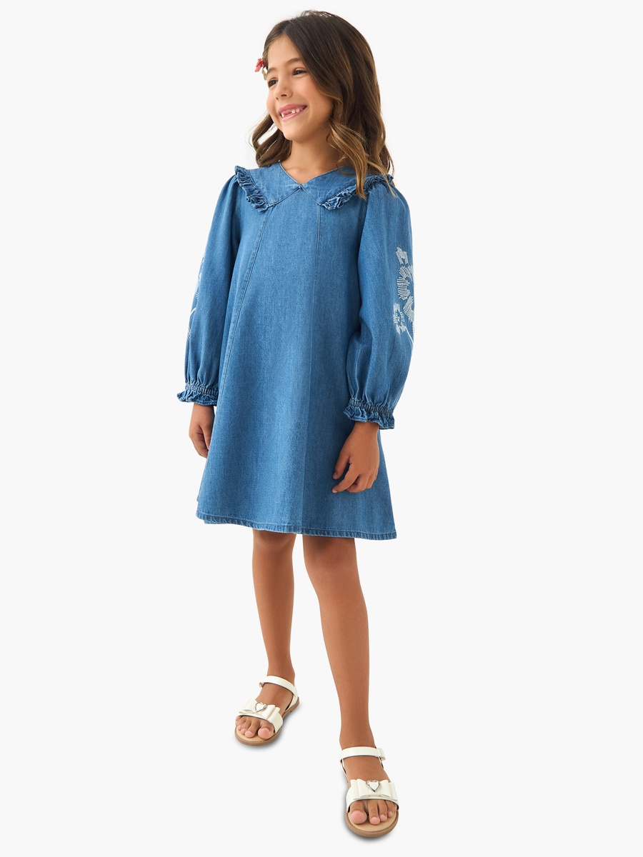 Embroidered Frill Denim Dress with Collar