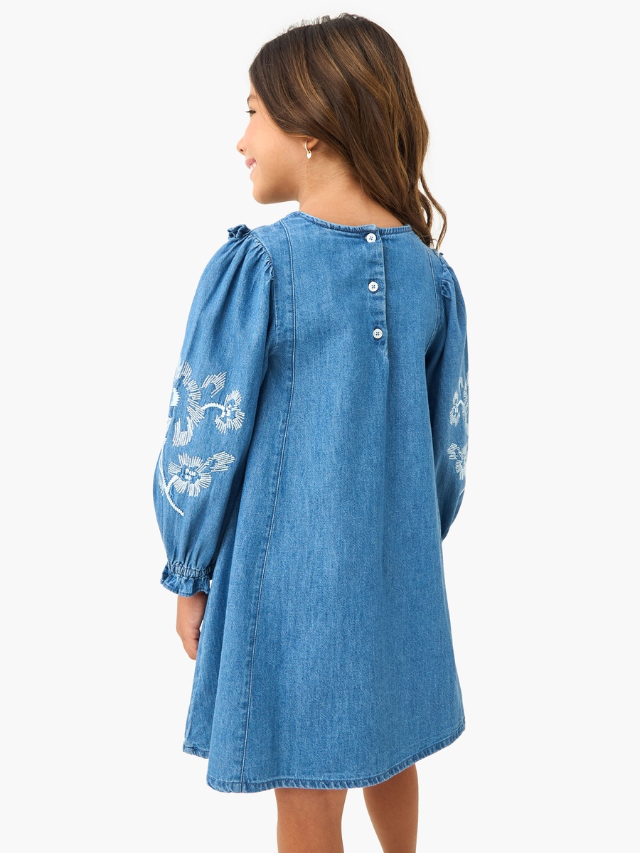 Embroidered Frill Denim Dress with Collar