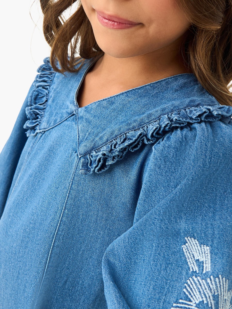 Embroidered Frill Denim Dress with Collar