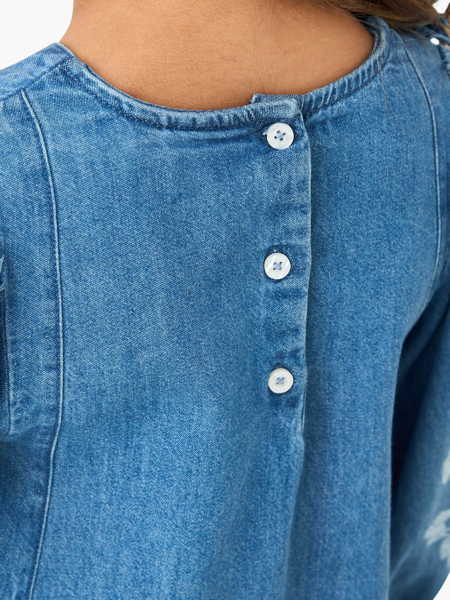 Embroidered Frill Denim Dress with Collar