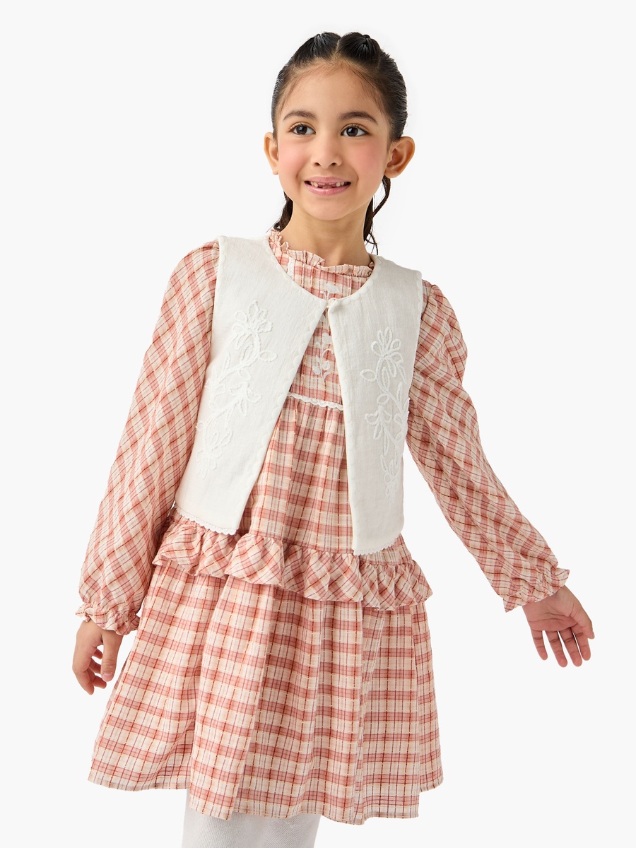 Checked A-Line Dress with Embroidered Waistcoat and Stockings Set