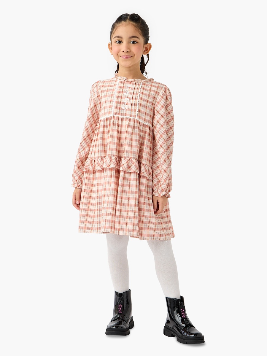 Checked A-Line Dress with Embroidered Waistcoat and Stockings Set