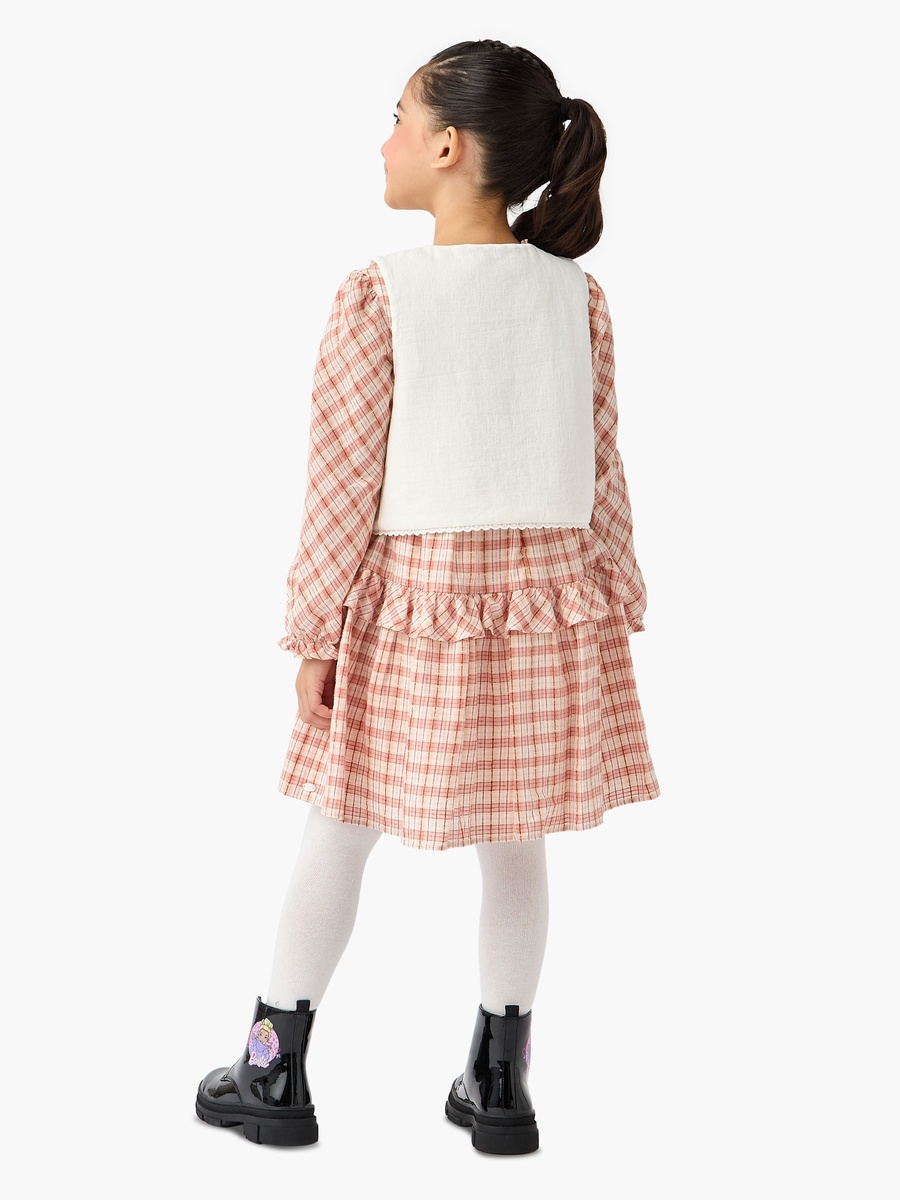 Checked A-Line Dress with Embroidered Waistcoat and Stockings Set