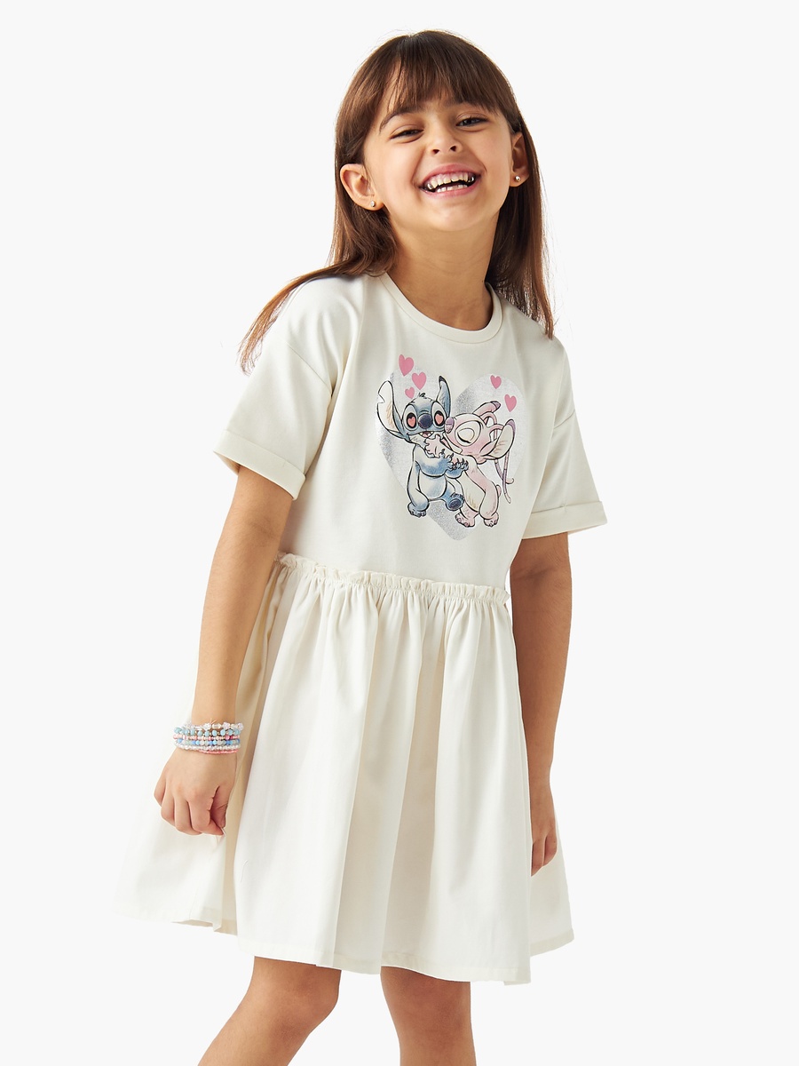 Stitch and Angel Print Dress with Short Sleeves