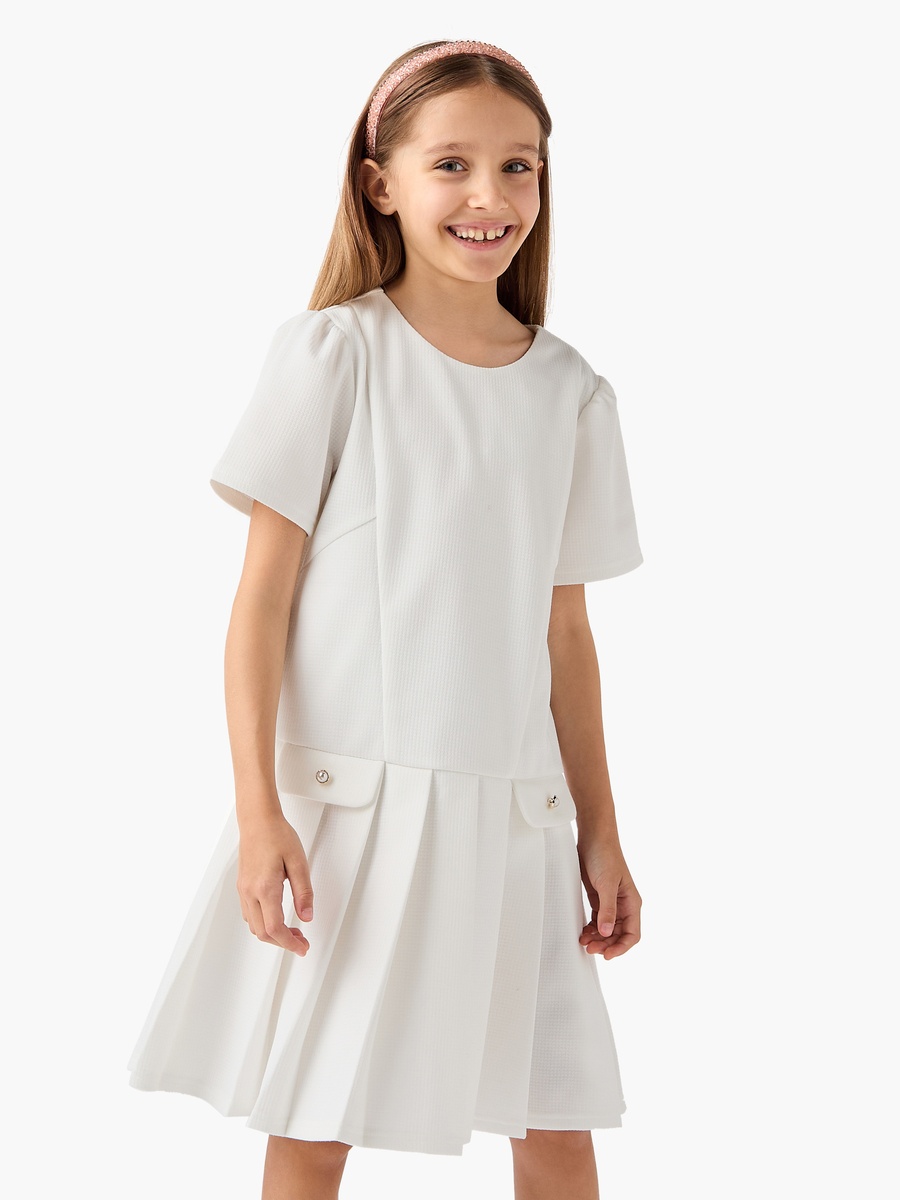 Pleated Drop Waist Dress with Round Neck