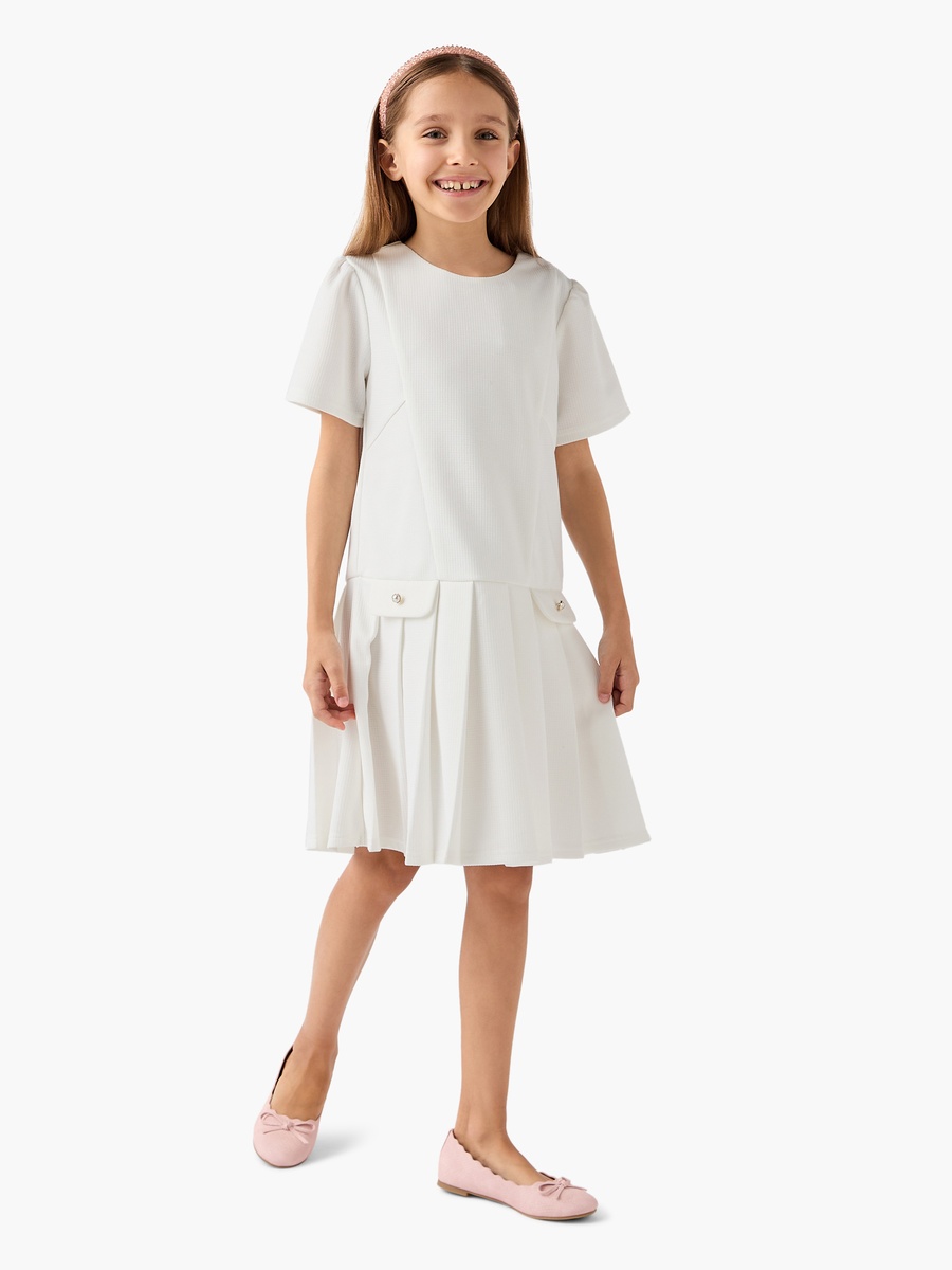 Pleated Drop Waist Dress with Round Neck