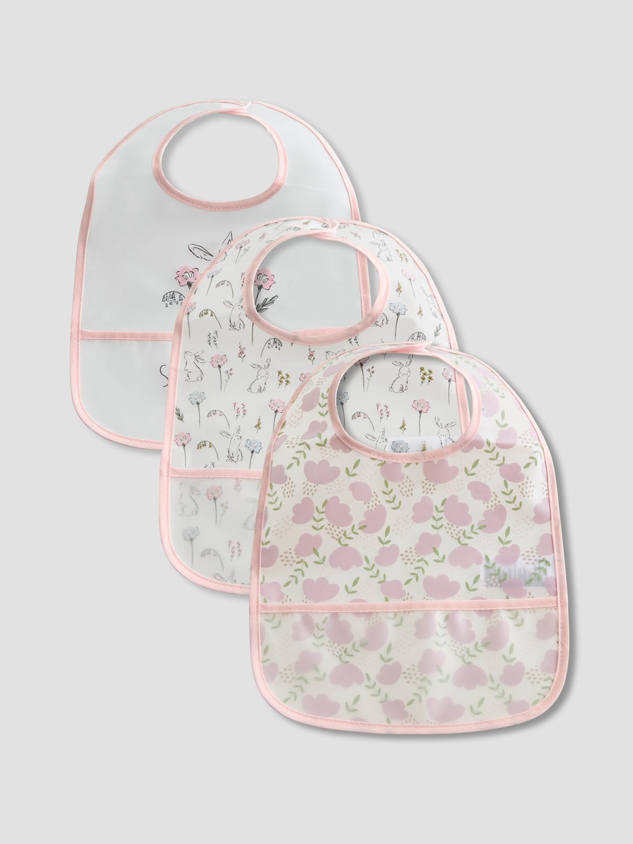 Floral Print Bib with Snap Button Closure - Set of 3